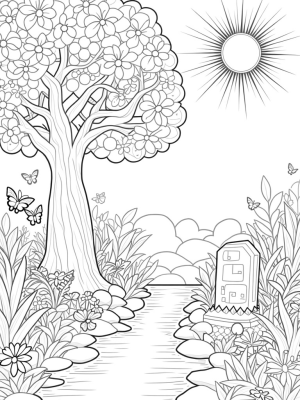Tranquil Garden with Towering Tree and Butterflies