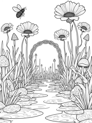 Colossal Flowers and Buzzing Bees in a Whimsical Garden