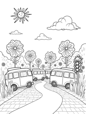 Blooming Buses on a Colorful Street
