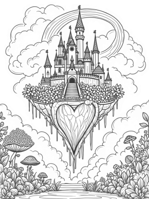 Floating Island Castle with Waterfalls and Magical Creatures