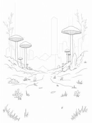 Magical Forest with Giant Mushrooms and Crystal River
