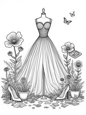 Fashion Garden with Dress Shaped Flowers and a Pink Dress Form