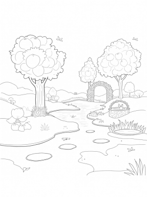 Serene Garden with Fruit Trees and a Tranquil Pond