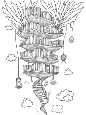 Floating Library with Enchanted Books and Potions
