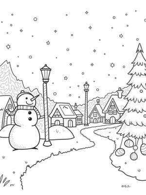 Holiday Village with Gingerbread Houses and Snowman