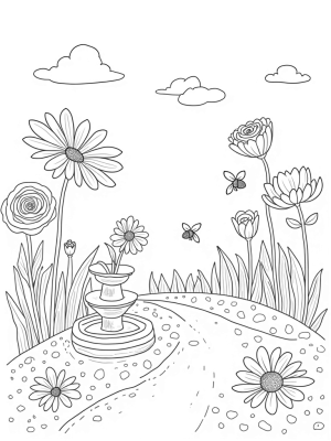 Oversized Flowers and a Rose Fountain in a Whimsical Garden