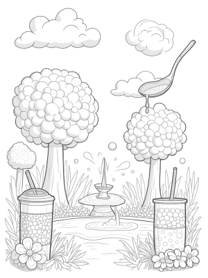 Boba Tea Garden with Tapioca Trees and Colorful Bubbles