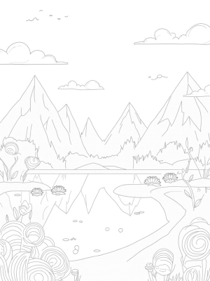 Tranquil Mountain Range with Spiraling Trees and Musical Lily Pads
