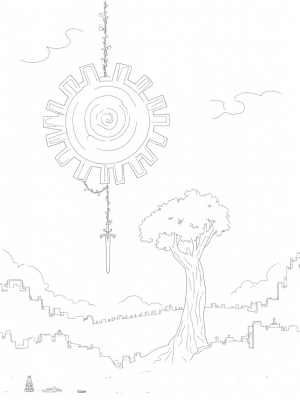 Colossal Gear and Giant Tree in a Ruined Landscape