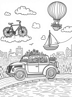 Floating Vehicles in a Whimsical Cityscape