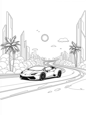 Sleek Lamborghini on a Winding Road in a Futuristic City