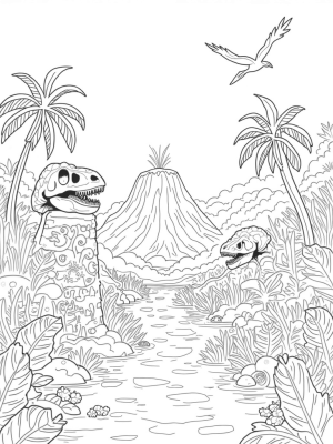 Prehistoric Jungle with Dinosaur Skull and Volcano