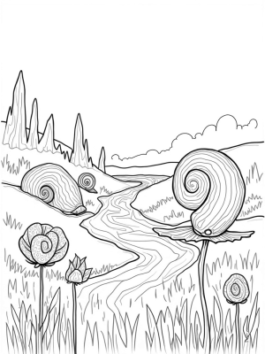 Hillside of Spiral Snail Shells and Giant Flowers