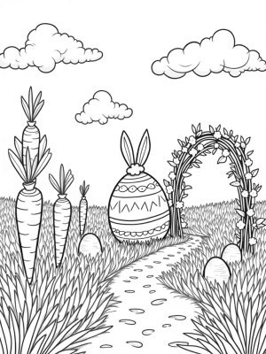 Pastel Eggs and Bunny Ears in a Garden