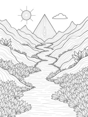 Geometric Hills and Shimmering River Landscape