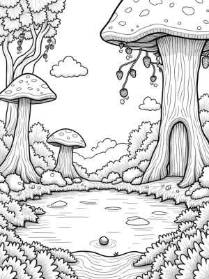 Mossy Forest Clearing with Giant Mushrooms and a Tree Door