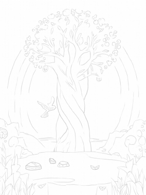 Tranquil Garden with Golden Apples and a Rainbow