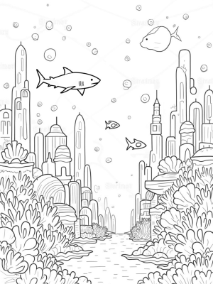 Underwater City of Coral and Seashells with Sharks