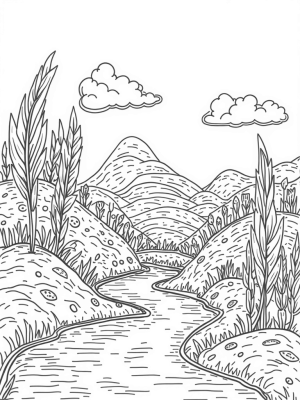 Patchwork Fabric Hills with Spools of Thread and Ink River
