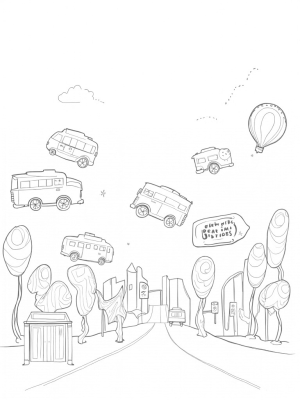 Floating Buses and Pencil Bus Stops in a Whimsical Cityscape