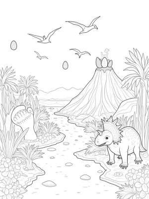 Dinosaur Footprint and Whimsical Volcano in a Prehistoric Jungle