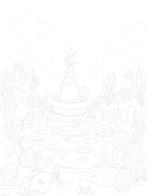 Oversized Eggs and a Carrot Fountain in a Colorful Garden