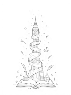 Magical Library Tower with Floating Quills and Potion Bottles