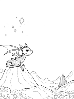 Dragon on a Cloudy Mountain with Floating Gemstones