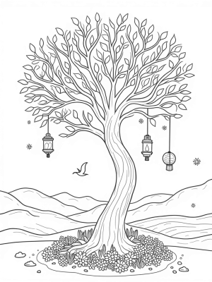 Seasons Tree with Colorful Flowers and Lanterns