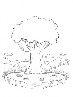 Majestic Tree with Colorful Mushrooms and a Winding River