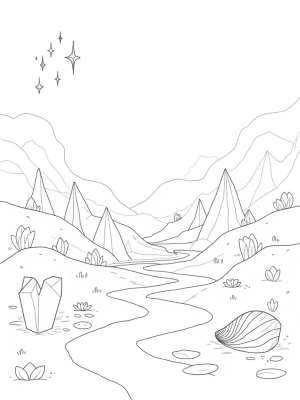 Tranquil Valley with Geometric Shapes and Floating Crystals
