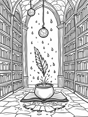 Magical Wizarding Library with Floating Candles and Potion Cauldron