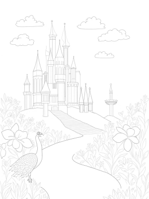Crystal Castle on a Hill with a Majestic Peacock