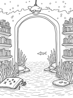 Underwater Library with Coral Shelves and a Shark Light