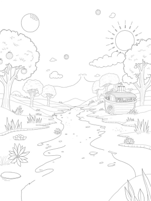 Majestic Garden with Fruit Trees and a Winding River