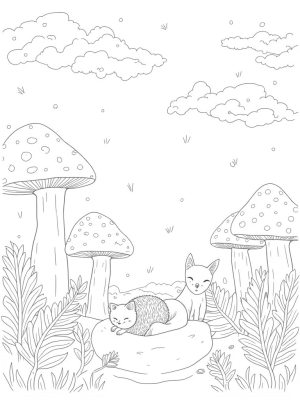 Magical Forest with Mushrooms and Hedgehogs