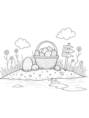 Easter Eggs and Flowers in a Whimsical Garden