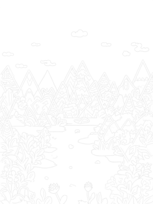 Geometric Mountain Landscape with Triangular Flowers and Pond