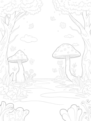 Magical Forest Clearing with Giant Mushrooms and a Sparkling Pond