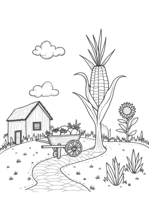 Giant Corn Stalk and Vibrant Vegetables on the Farm