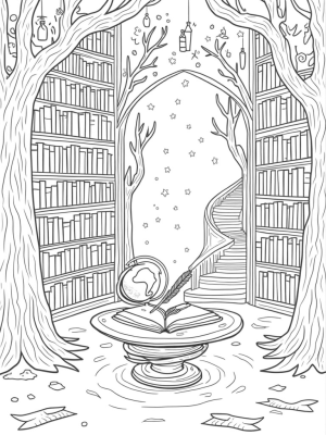 Enchanted Library with Floating Potions and Spellbook