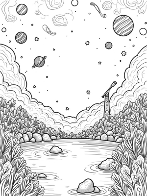 Cosmic Garden with Planet Flowers and Comets