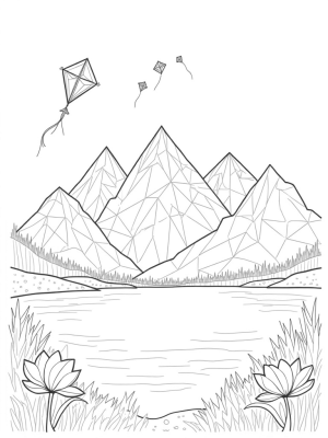 Triangular Mountain Range with Kites and Flowers