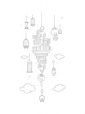 Magical Floating Library with Spell Books and Potion Bottles