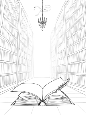Enchanted Library with Floating Quill and Potion Wisps