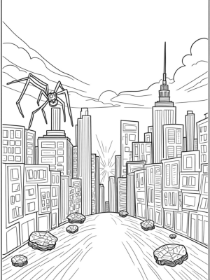 Cityscape Spider and Whimsical Lampposts