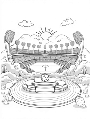 Vibrant Sports Arena with Giant Soccer Ball and Floating Sports Balls