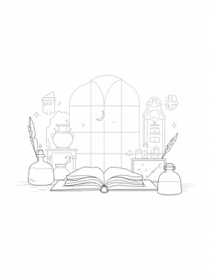 Enchanted Wizarding Workshop with Potion Bottles and Spellbook