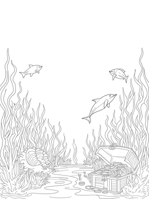 Underwater Garden with Shark Fins and a Playful Dolphin