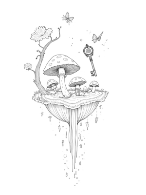 Twilight Floating Island with Mushrooms and Butterflies